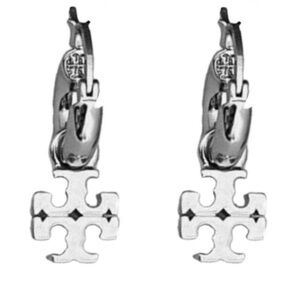 TORY BURCH SILVER KIRA LOGO HUGGIE HOOP EARRINGS